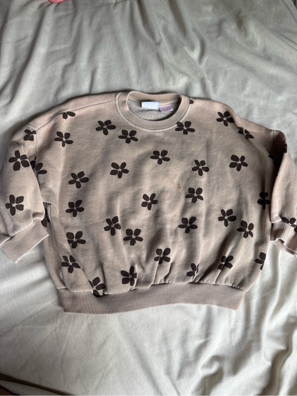 Zara Beige Crewneck Sweater with Brown Floral Print